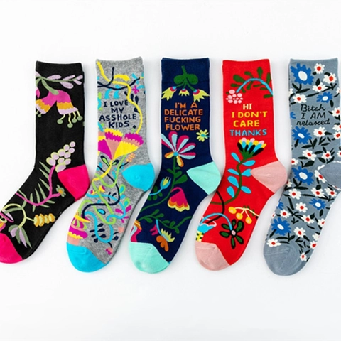 Funny Slogan Crew Socks Floral Print Cotton Blend Humorous Quotes Casual Novelty Unisex Botanical Pattern Mid Calf