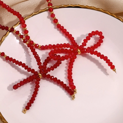 Handgefertigte Rote Strass Schleife Anhänger Halskette Für Damen Edelstahlkette Mode Pendeln Party Schmuck