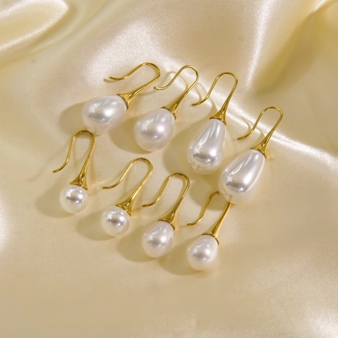 Orecchini Pendenti Con Perla Artificial In Acciaio Inossidabile Placcato Oro 14K Perla Artificial Di Conchiglia Gioielli Francesi Da Donna