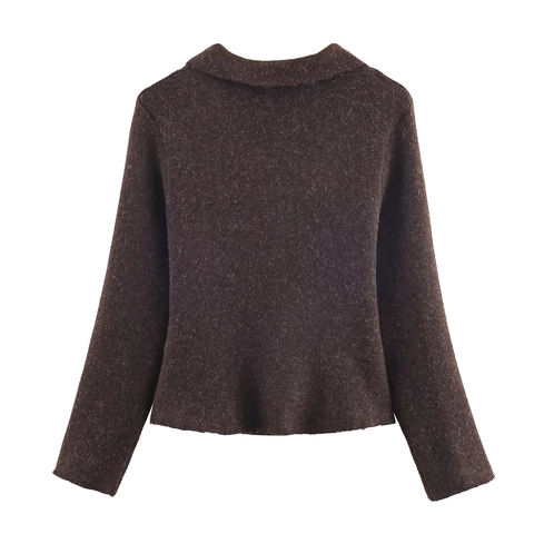 Dames Frans Vintage Bruin Gebreide Blazer Jas Met Florale Sieraden Knoppen Lange Mouwen Revers Elegante Bovenkleding Top