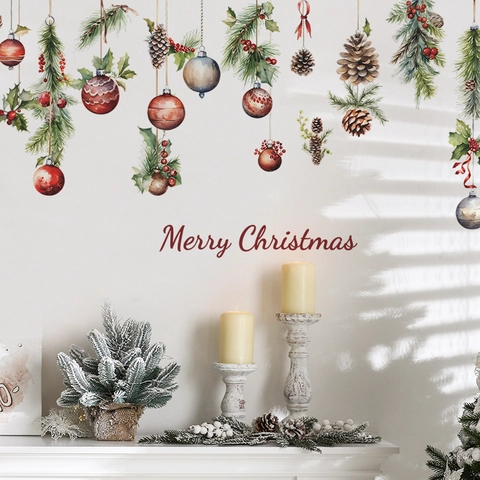 Pegatinas De Pared Navidad PVC Piñas Bolas De Colores Acuarela Calcomanías Festivas Para Sala De Estar Dormitorio Hogar