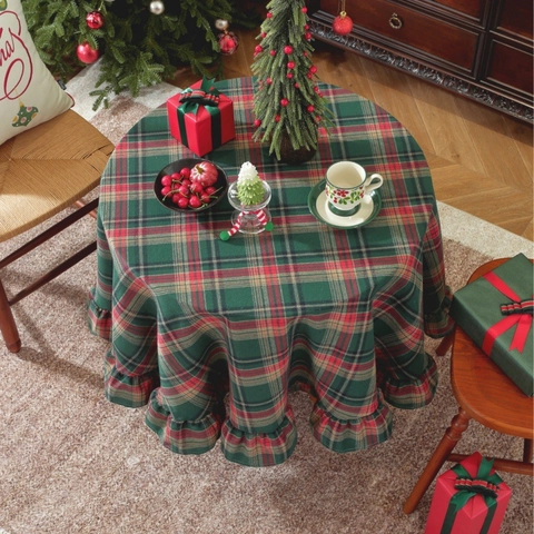 Christmas Round Plaid Tablecloth With Ruffle Edge Vintage Pure Cotton Table Cover For Holiday Party Home Dining Room Decor