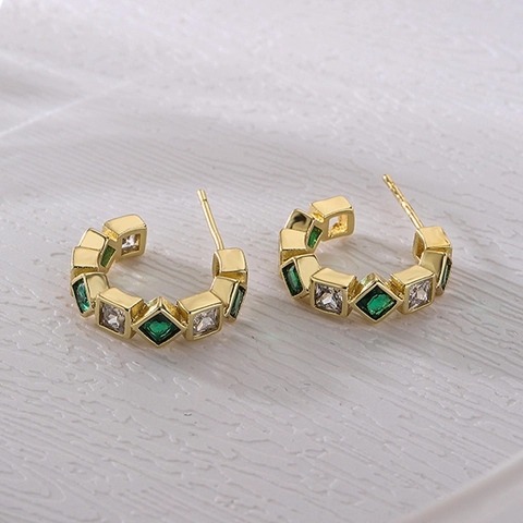 Orecchini Geometrici In Rame Placcato Oro 18K Con Zircone Verde E Strass Gioielli Di Moda Eleganti Per Donne