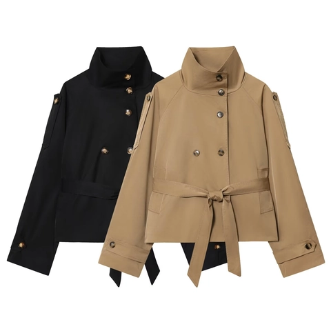 Trench-Coat Court Pour Femmes Double Boutonnage Avec Ceinture Col Montant Polyester Manches Longues Veste Mode