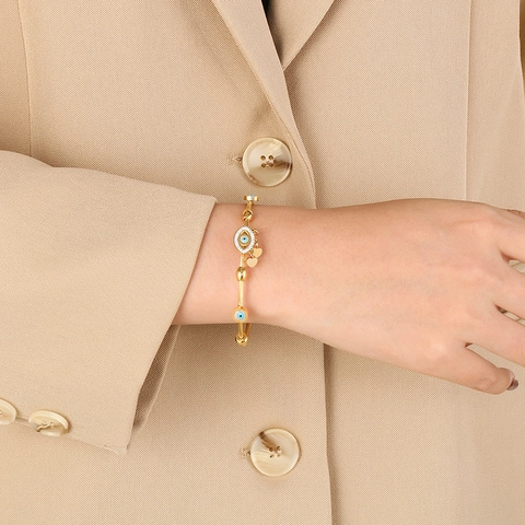 Bracciale Rigido Malocchio Placcato Oro Acciaio Inossidabile Cavo Intrecciato Ciondolo Cuore Gioielli Da Donna