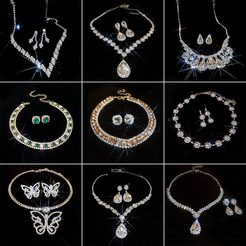Geometric Rhinestone Zircon Necklace And Earrings Alloy Jewelry With 925 Sterling Silver Earring Post Elegant Banquet Women