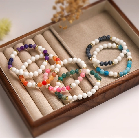 Perlenarmband Aus Verwittertem Stein Mit Porzellanstein Und Legierung Rhinestone Spacer Elastischer Schmuck