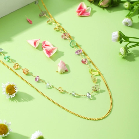 Double Layered Stainless Steel Necklace With Multi Color Natural Crushed Stones Bohemian Irregular Design For Women