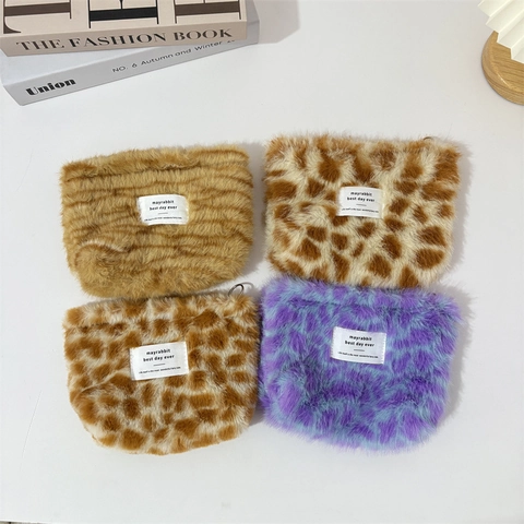Borsa Per Cosmetici In Peluche Con Stampa Leopardata Astuccio Per Rossetto In Pelliccia Sintetica Organizzatore Trucco Da Viaggio Per Donna