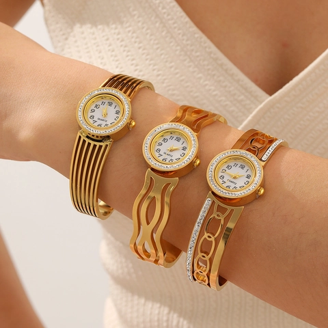 Elegant Women Hollow Rhinestone Bangle Watch Titanium Steel Quartz Movement Round Dial Luxury Gold Bangle Bracelet Watch Jewelry