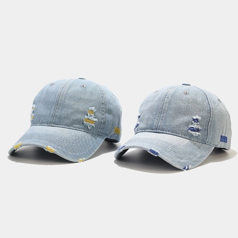 Berretto Da Baseball In Denim Lavato Ricamato Distressed Ripped Retro Vintage Streetwear Protezione Solare Cappello Regolabile Uomini Donne