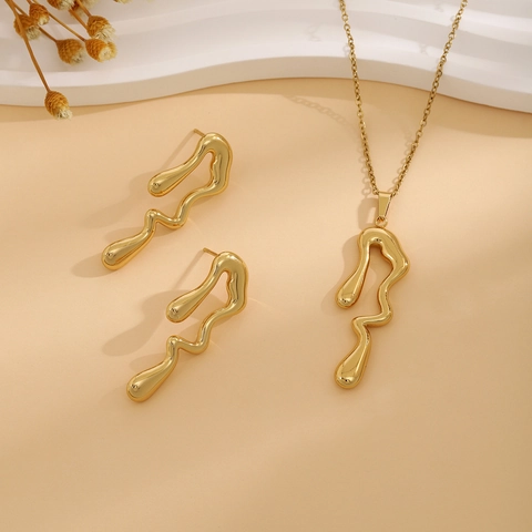 Necklace And Earrings 18K Gold Plated Stainless Steel Geometric Textured Flower Heart Leaf Jewelry For Women Fashion Elegant