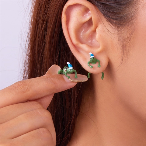 Pendientes De Rana Con Gorro De Navidad Aleacion Esmalte Diseno Delante Atras Joyeria Animal Divertida Mujer Fiesta