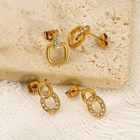 Geometric Ear Studs 304 Stainless Steel 18K Gold Plated Zircon Double Ring Waterproof Hypoallergenic Jewelry For Women
