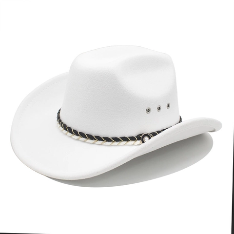 Vintage Western Cowboy Hat Wide Brim Cotton Polyester Felt Braided Band Artificial Pearl Button Elegant Retro Style Women Men