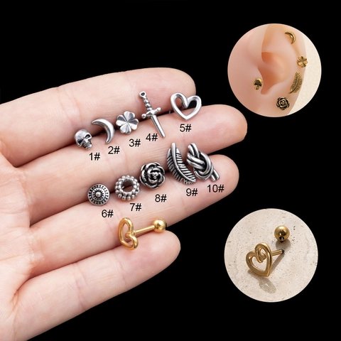 Stainless Steel Screw Ball Stud Earrings Vintage Punk Heart Skull Flower Shape Cartilage Piercing Jewelry For Women
