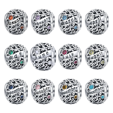 925 Sterling Silver Birthstone Beads Hollow Floral Vine Engraved Months Charms For Bracelets DIY Jewelry Making