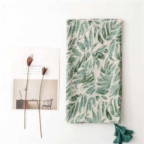 Women Summer Scarf Shawl Tropical Green Leaf Print Tassels Lightweight Sunscreen Beach Travel Wrap Polyester Voile