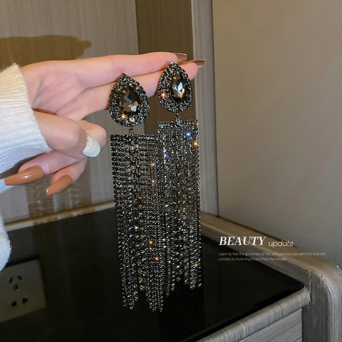 Copper Rhinestone Waterdrop Long Tassel Earrings With Silver Earring Post For Women Luxury Dangle Jewelry
