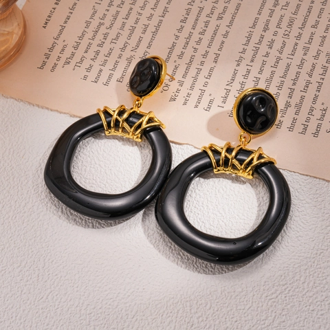 Geometric Round Resin Drop Earrings With Alloy And 925 Sterling Silver Earring Post Retro Dark Style Jewelry For Women