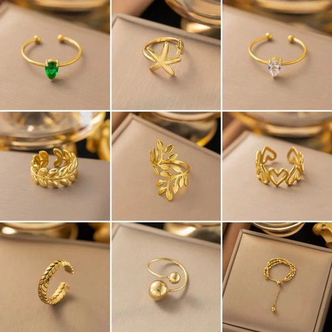Adjustable Open Rings For Women Gold Plated Stainless Steel Starfish Heart Zircon Olive Branch Leaf Elegant Jewelry