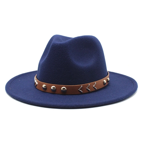 Vintage Wool Felt Fedora Hat Wide Brim Fashion Jazz Cap With Leather Band Metal Rivets For Men Women