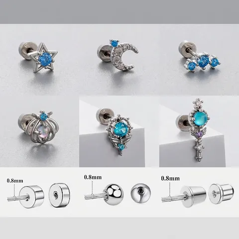 Titanium Steel Cartilage Stud Earring With Blue Zircon Star Moon Heart Fairy Style Sweet Piercing Jewelry For Women