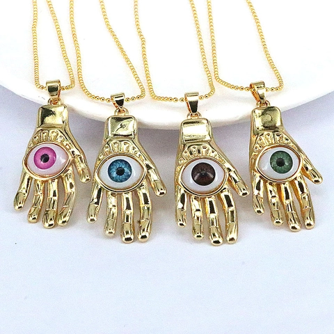 Hamsa Hand Evil Eye Pendant Necklace Gold Plated Copper Zircon Colorful Resin Bead Chain Bohemian Jewelry For Women