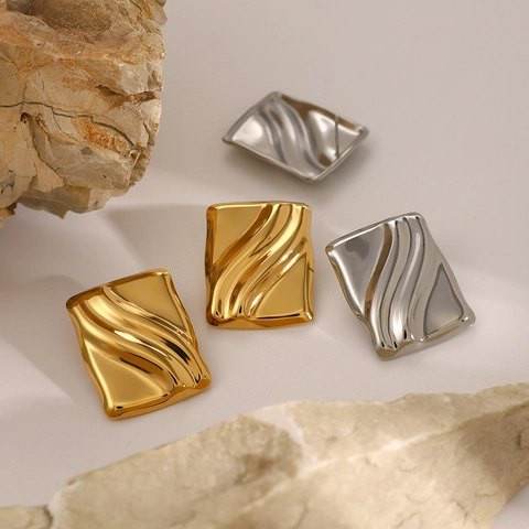 Irregular Square Ripple Texture Stud Earrings Stainless Steel Geometric Minimalist Folded Metal Fashion Jewelry Women