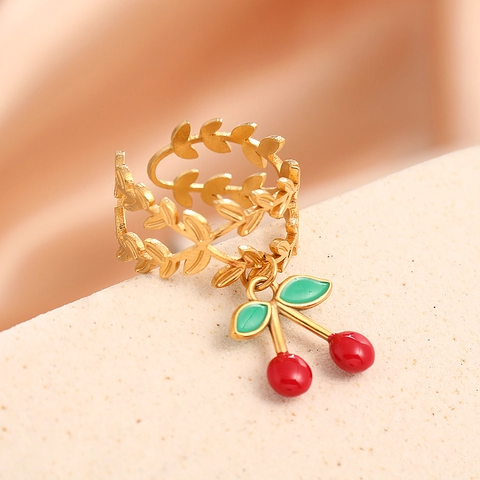 Kirsch Anhänger Offener Ring 316L Edelstahl 18K Vergoldet Emaille Frucht Verstellbar Schmuck Für Damen Trendig Süß