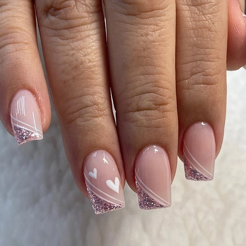 Square Press On Nails French Nude Pink Gradient Artificial Fingernails With White Heart Pattern And Glitter For Women