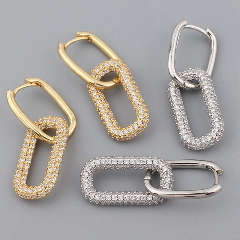 Boucles D'oreilles Créoles Ovales Géométriques Élégantes En Cuivre Plaqué Or Micro Pavé Zircons Minimalistes Pour Femmes