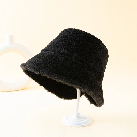 Bucket Hat Faux Fur Plush Thickened Warm Winter Back Slit Japanese Style Casual Solid Color Unisex