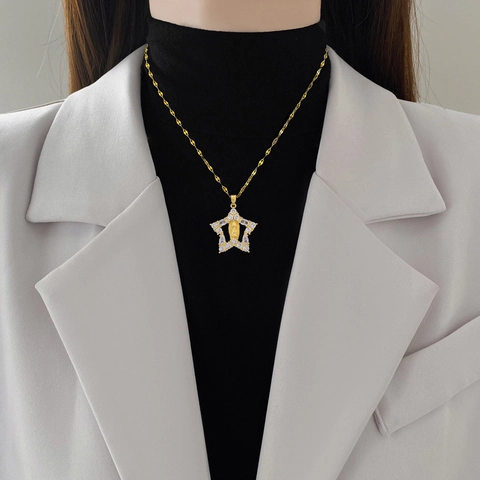 Star Pendant Necklace Virgin Mary Relief Guadalupe Titanium Steel Chain Copper Zircon Elegant Religious Women Jewelry