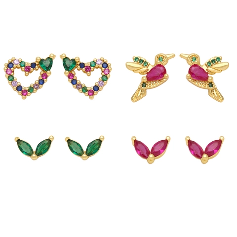 Colorful Zircon Stud Earrings Copper Gold Plated Heart Hummingbird Leaf Shape Fashion Jewelry For Women