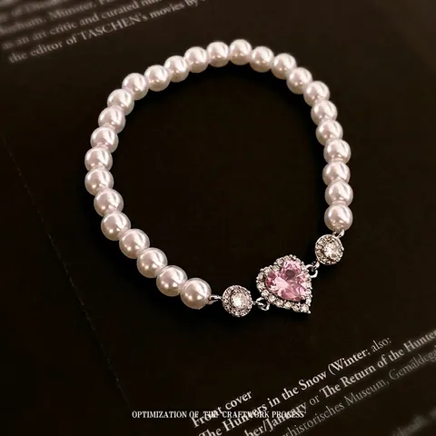 Pulsera De Perlas Artificiales Para Mujer Con Colgante De Corazón De Circón Rosa Cadena Elástica De Cobre Joyas Elegantes Románticas