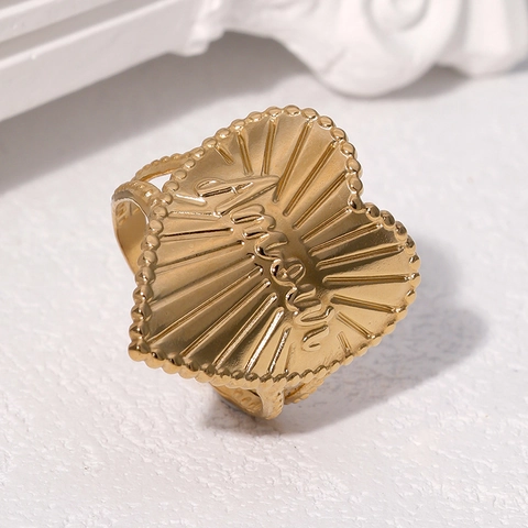 Herzform Offener Ring Edelstahl 18K Vergoldet Verstellbar Amour Buchstabe Sonnenstrahl Textur Vintage Schmuck Damen
