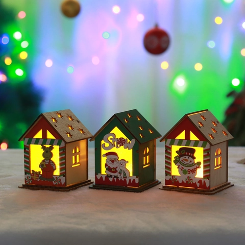Kerst Houten Lichtgevende Huis Ornament Geschilderde Houten Hut Desktop Miniatuur Decoratie Feestelijke Kerstman Sneeuwpop Rendier Patroon