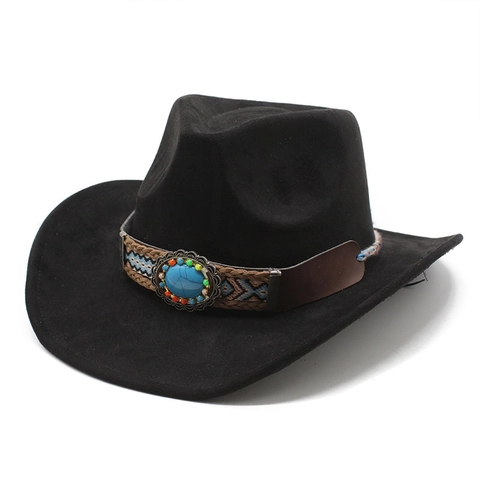 Chapeau De Cow-Boy Western Suédine Large Bord Turquoise Bande Tissée Ethnique Rétro Bohème Fedora Homme Femme