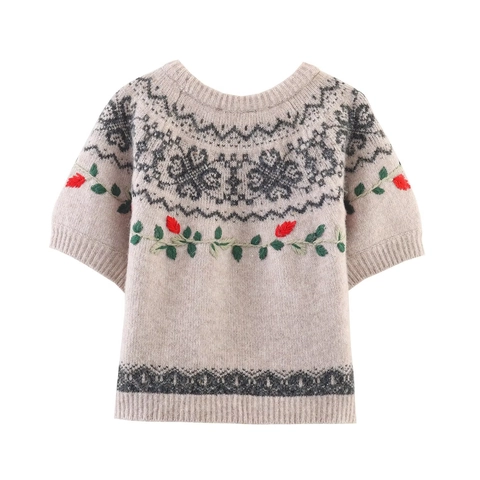 Damen Retro Kurzarm Strickpullover Blumenstickerei Rundhals Fair Isle Jacquard Elegant Vintage Oberteil