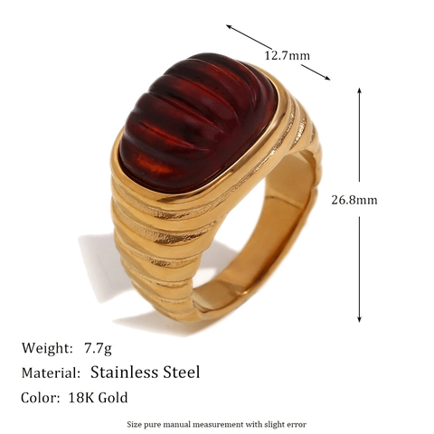 Retro Französischer Gerippter Ring 18K Vergoldeter Edelstahl Mit Quadratischem Acryl Inlay Geometrischer Klobiger Schmuck