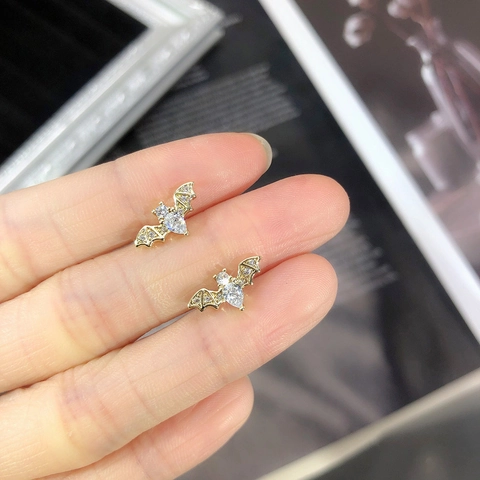 Bat Stud Earrings Gold Plated Copper With Pear Shaped Cubic Zirconia Gothic Halloween Jewelry Animal Style Women