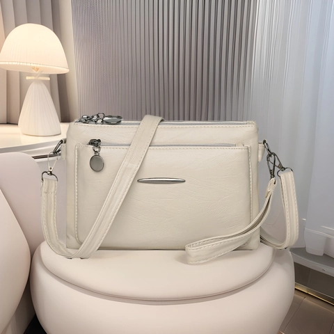 Women Crossbody Bag PU Leather Multi Layer Zipper Pockets Water Resistant Adjustable Shoulder Strap Wristlet Handbag Simple Fashion