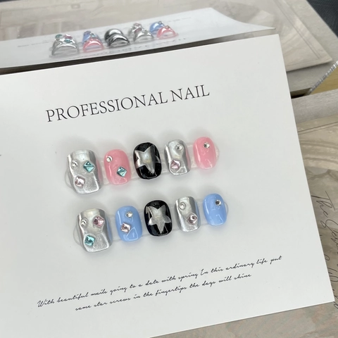 Handgefertigt Y2K Stern Press On Nails Rosa Blau Kontrastfarbe Strass Metallic Künstliche Nägel Für Damen Sweet Cool Stil
