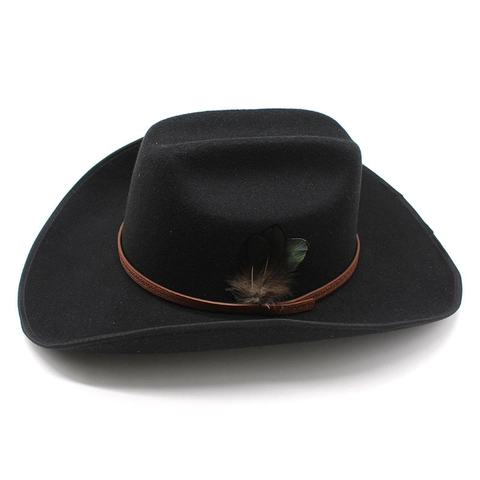 Westerse Cowboyhoed Van Wolvilt Brede Rand Etnische Stijl Retro Fedora Hoed Met Verendecoratie Voor Heren En Dames
