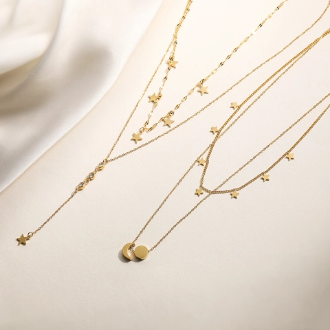 Collana Con Pendente Stella Luna Nappa Acciaio Inossidabile Placcato Oro 18K Zircone A Strati Forma Y Gioielli Da Donna