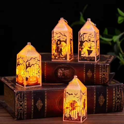 Halloween LED Lantern Night Light Plastic Pumpkin Witch Silhouette Battery Operated Desktop Hanging Decoration Ornament