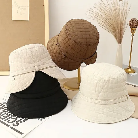 Gesteppter Fischerhut Damen Rautenmuster Polyester Breite Krempe Warm Fischerhut Herbst Winter Lässig Einfarbig