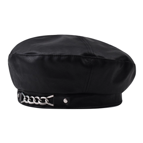 Berretto Donna In Pelle PU Con Catena In Metallo Argento Cappello Da Pittore Vintage Punk Per Moda Autunno Inverno