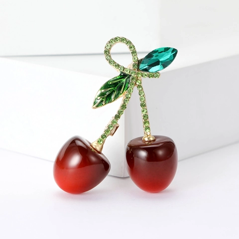 Broche de Cereza Lindo para Mujeres Hoja de Esmalte Verde Fruta Roja Strass Incrustado Aleación Pin Joyería de Moda Decoración de Ropa Regalo